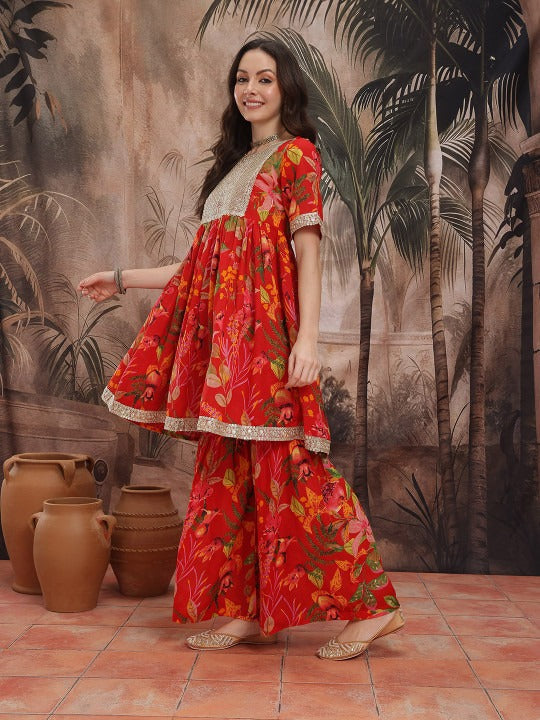 Sangria Women Floral Printed Pleated Kurta with Sharara & With Dupatta