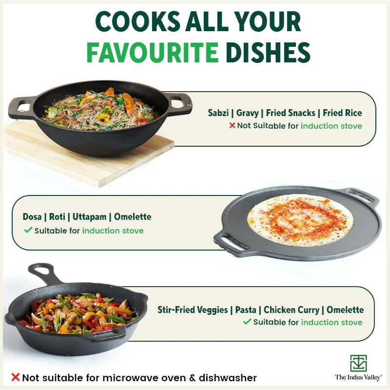 The Indus Valley Castrong Cast Iron Cookware Set - Tawa + Kadai + Fry Pan + Free Flip