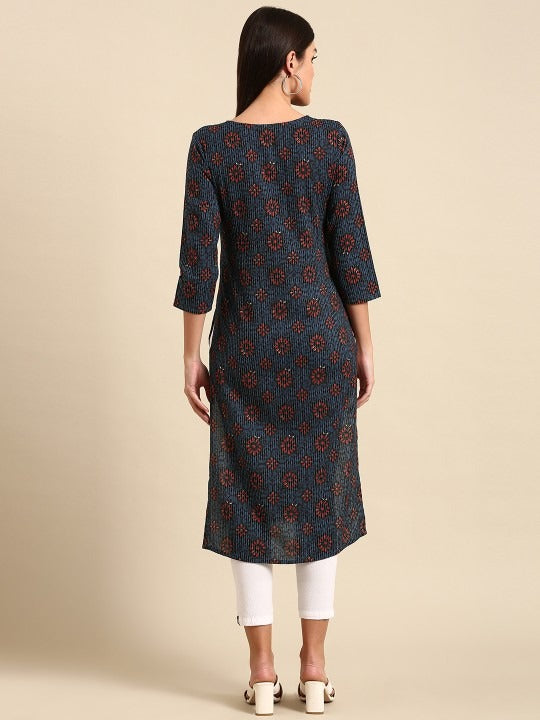 Anayna Women Navy Blue & Red Floral Printed Dobby Cotton Kurta