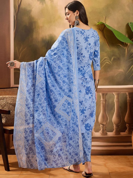Sangria Floral Printed Notch Neck Pure Cotton Straight Kurta With Trousers & Dupatta