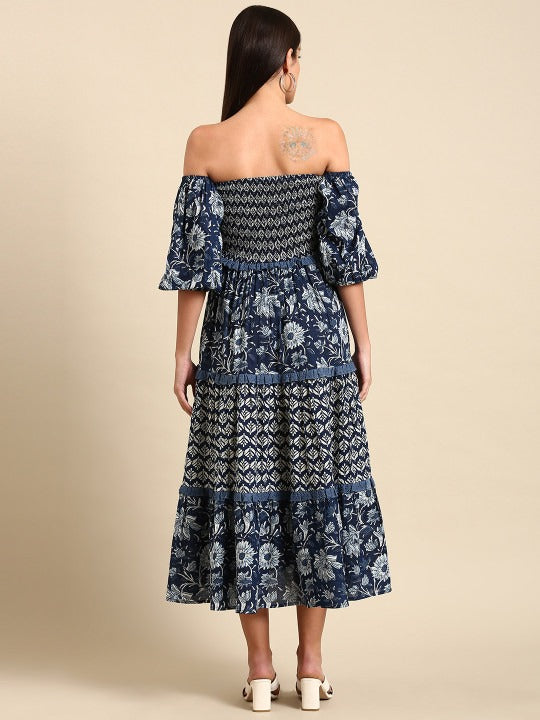 Anayna Blue Floral Ethnic A-Line Cotton Midi Ethnic Dress