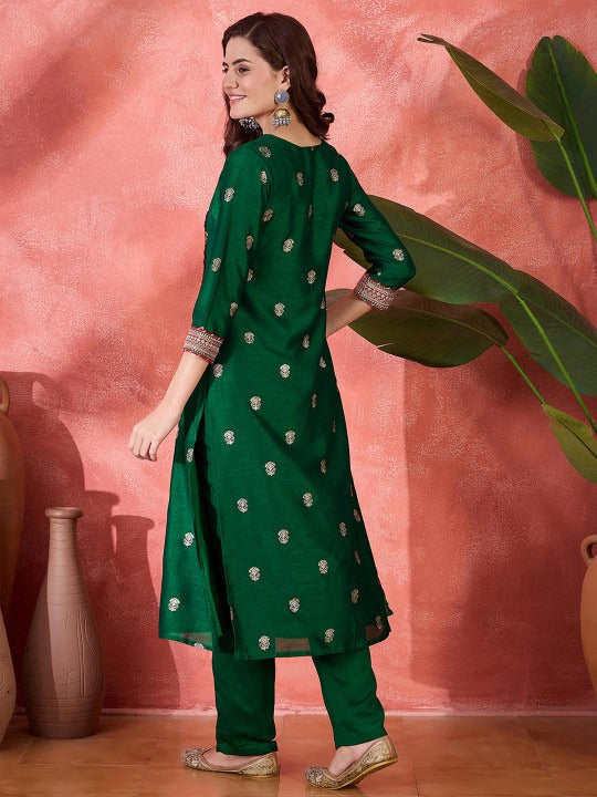 Sangria Foil Printed & Embroidered Kurta & Trouser Set