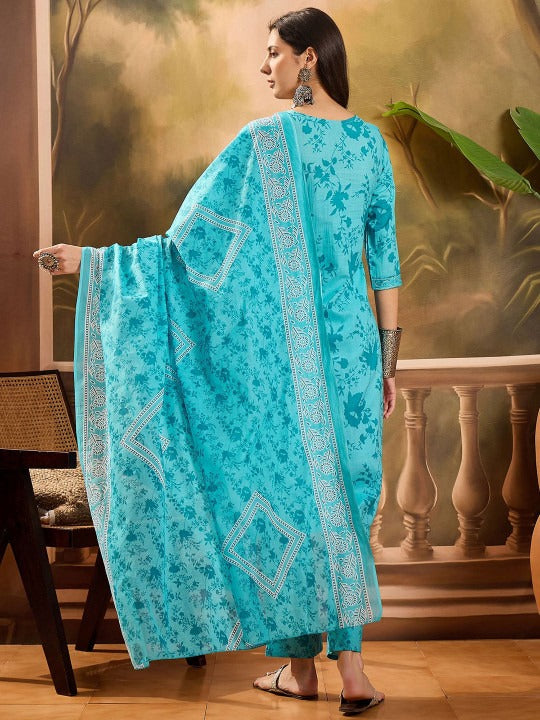 Sangria Women Floral Printed Cotton Kurta with Trousers & Dupatta