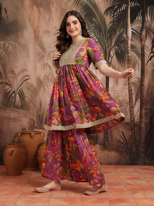 Sangria Floral Print Gotta Patti Kurta with Sharara & Dupatta
