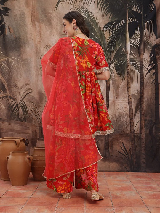 Sangria Women Floral Printed Pleated Kurta with Sharara & With Dupatta