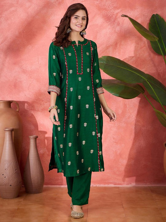 Sangria Foil Printed & Embroidered Kurta & Trouser Set