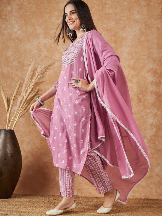 Sangria Floral Printed Pure Cotton Kurta With Trousers & Dupatta