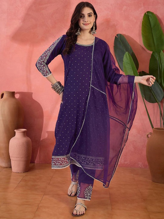 Sangria Zari Sequence Embroidered Straight Kurta & Trousers With Dupatta