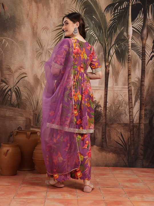 Sangria Floral Print Gotta Patti Kurta with Sharara & Dupatta