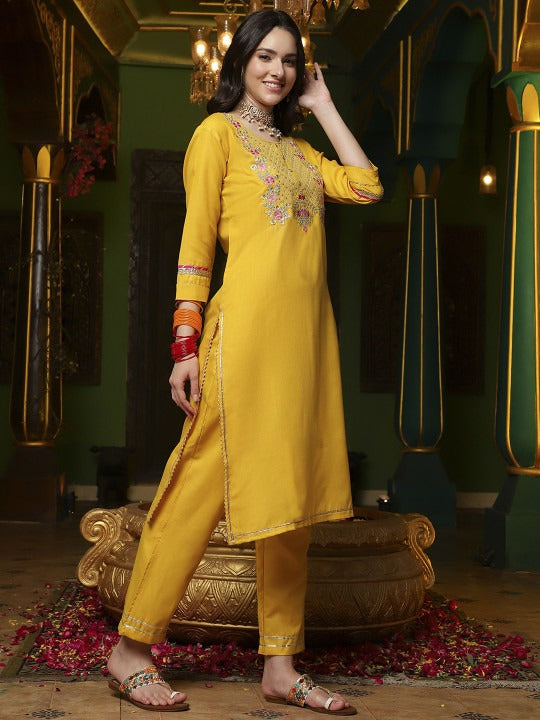 Sangria Yellow Floral Embroidered Gotta Patti Straight Kurta & Trouser With Dupatta