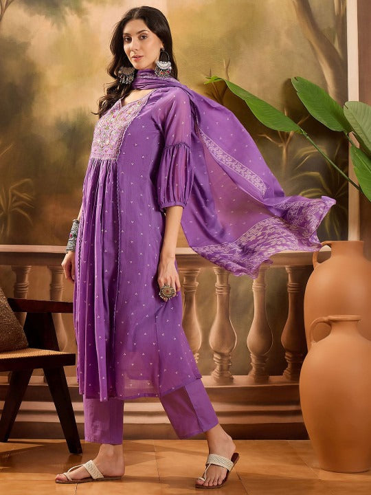 Sangria Women Thread Embroidered Pure Cotton Anarkali Kurta With Trousers & Dupatta