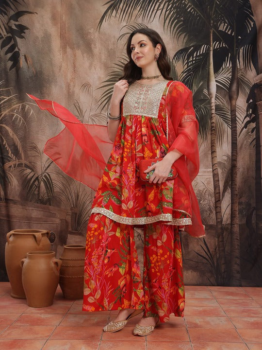 Sangria Women Floral Printed Pleated Kurta with Sharara & With Dupatta