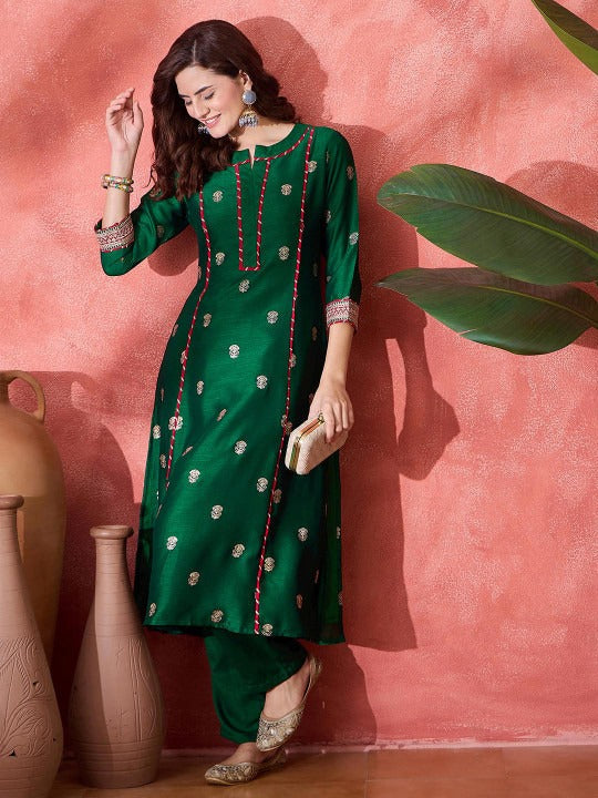 Sangria Foil Printed & Embroidered Kurta & Trouser Set