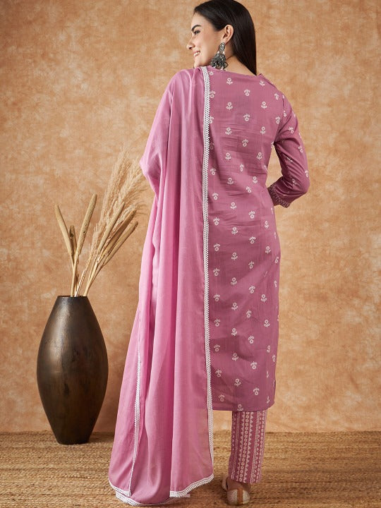Sangria Floral Printed Pure Cotton Kurta With Trousers & Dupatta