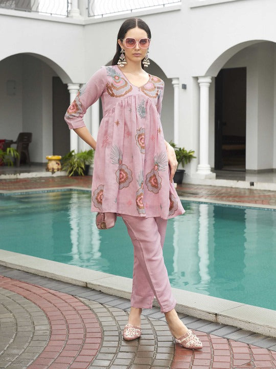 Tikhi Imli Embroidered V-Neck Three-Quarter Sleeves Linen Tunic With Trouser