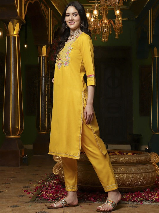 Sangria Yellow Floral Embroidered Gotta Patti Straight Kurta & Trouser With Dupatta