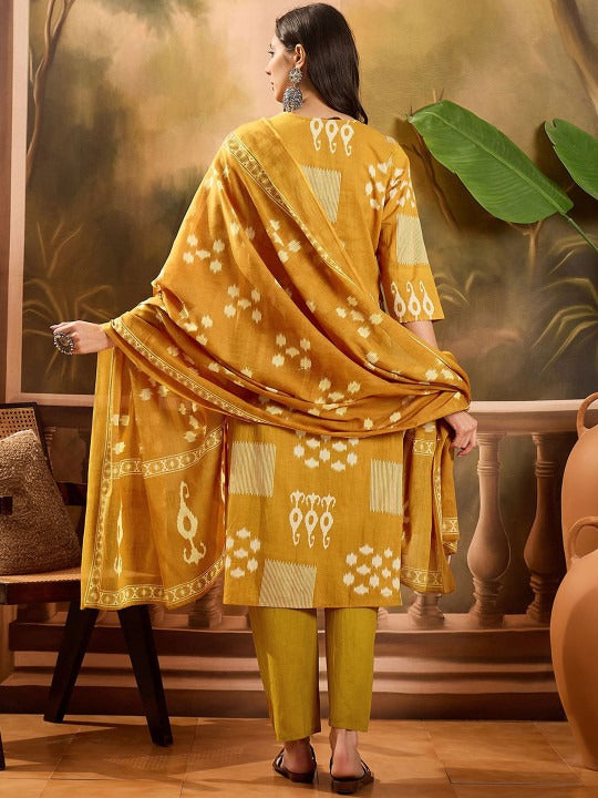 Sangria Geometric Printed V Neck Pure Cotton Straight Kurta With Trousers & Dupatta
