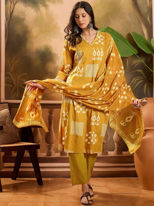 Sangria Geometric Printed V Neck Pure Cotton Straight Kurta With Trousers & Dupatta