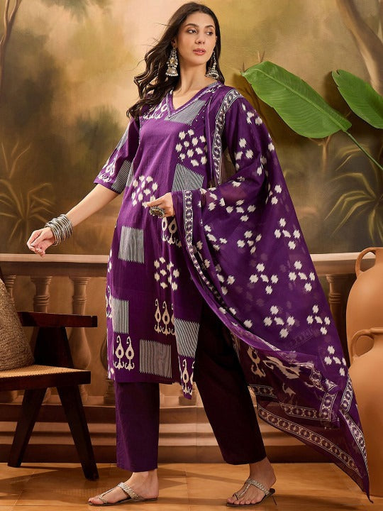Sangria Geometric Printed V Neck Pure Cotton Straight Kurta With Trousers & Dupatta