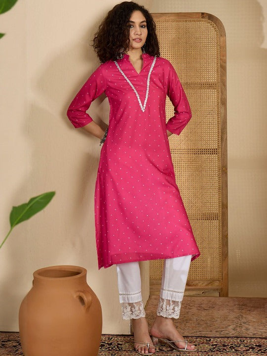 Sangria Women Pink Cotton V-neck Straight Kurta