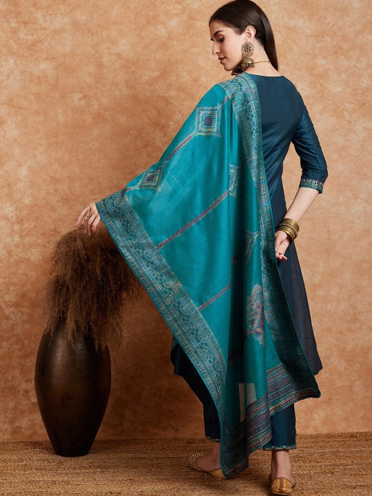 Sangria Teal Blue Embroidered Zari Sequence A Line Kurta & Trousers Dupatta