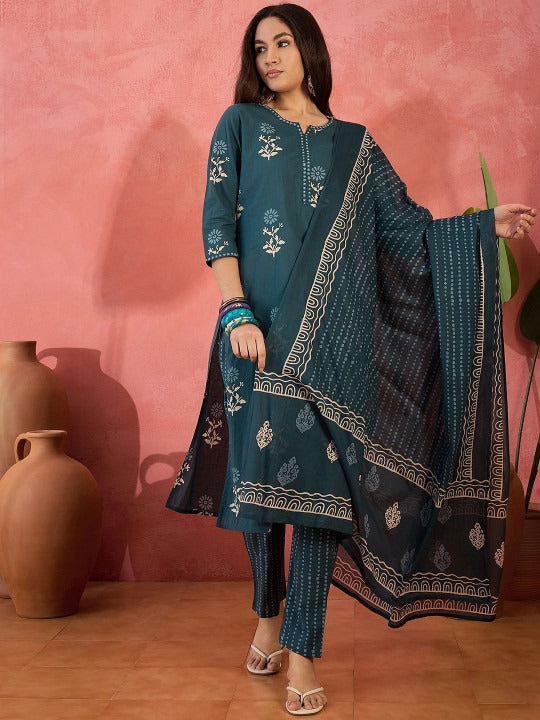 Sangria Floral Printed Straight Kurta & Trousers With Dupatta