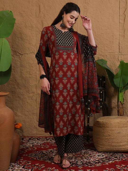Sangria Printed Pure Cotton Round Neck Straight Kurta & Palazzo With Dupatta