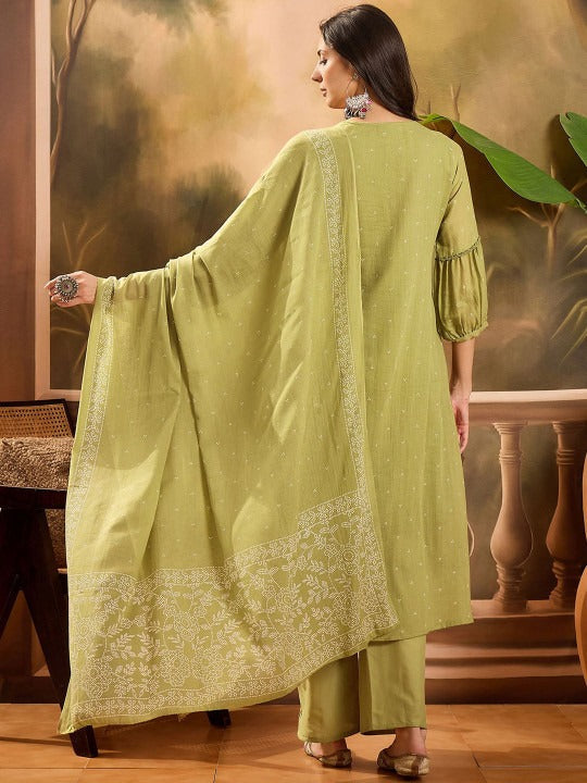 Sangria Women Ethnic Motifs Embroidered Cotton Kurta with Trousers & Dupatta