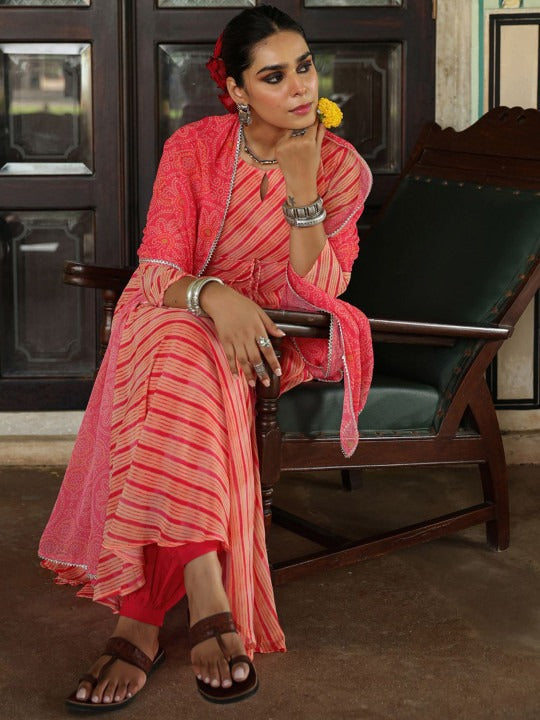 Anayna Bandhani Printed Keyhole Neck Gotta Patti Georgette Kurta Dhoti Pants & Dupatta