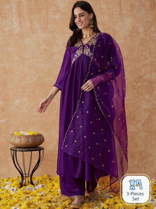 Sangria Alia Cut Ethnic Motifs Embroidered Anarkali Kurta With Palazzo & Dupatta Set