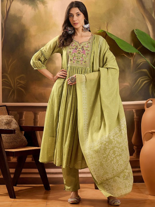 Sangria Women Ethnic Motifs Embroidered Cotton Kurta with Trousers & Dupatta