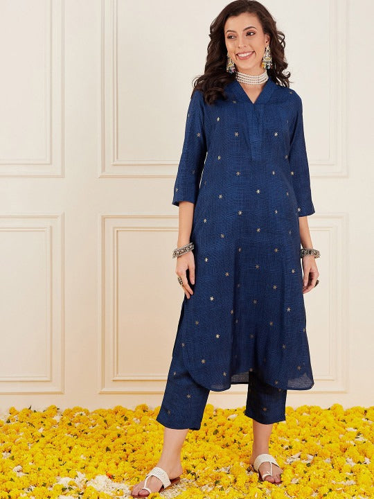 Sangria Ethnic Motifs Printed V-Neck Straight Kurta With Trouser