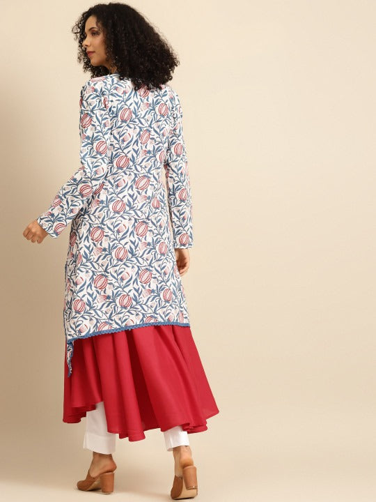 Anayna Women Blue & Red Solid Anarkali Kurta with Floral Screen Print Longline Jacket
