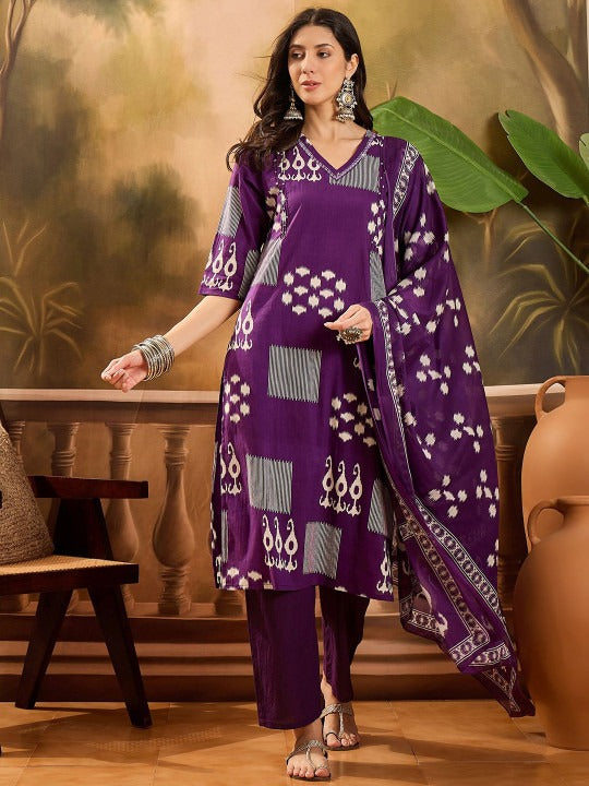 Sangria Geometric Printed V Neck Pure Cotton Straight Kurta With Trousers & Dupatta
