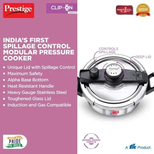 Prestige Clip-On Svachh Stainless Steel Spillage Control Pressure Cooker with Glass Lid