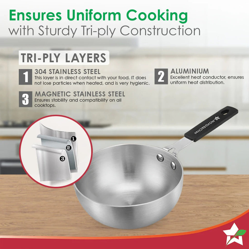 Wonderchef Venice Tri-Ply Stainless Steel Mini Wok Tadka Pan 14cm 650ml