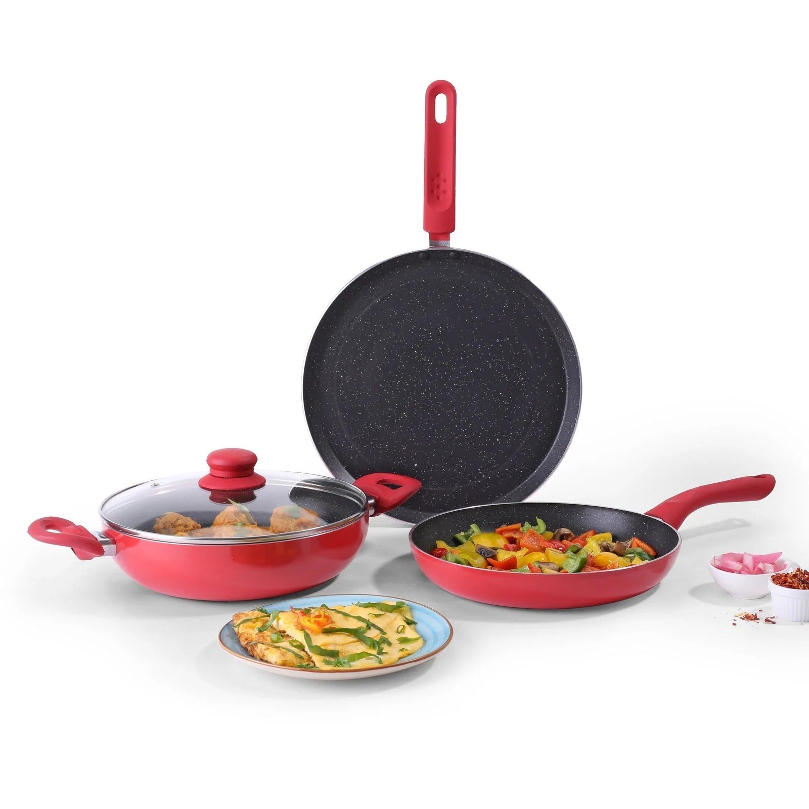 Wonderchef Milano Non-Stick 4 Pcs Cookware Set Red/Black