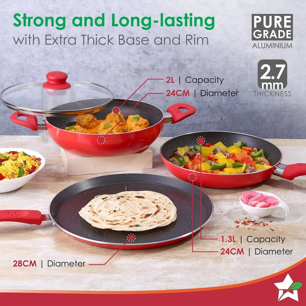 Wonderchef Milano Non-Stick 4 Pcs Cookware Set Red/Black