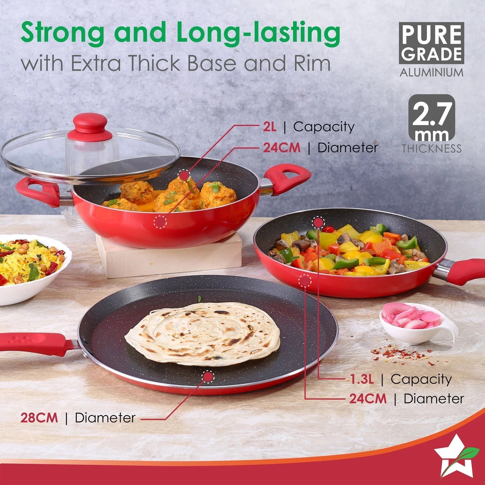 Wonderchef Milano Non-Stick 4 Pcs Cookware Set Red/Black