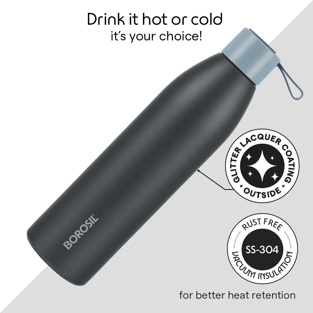 Borosil Duomate Vacuum Insulated Stainless Steel Bottle Black 750ml