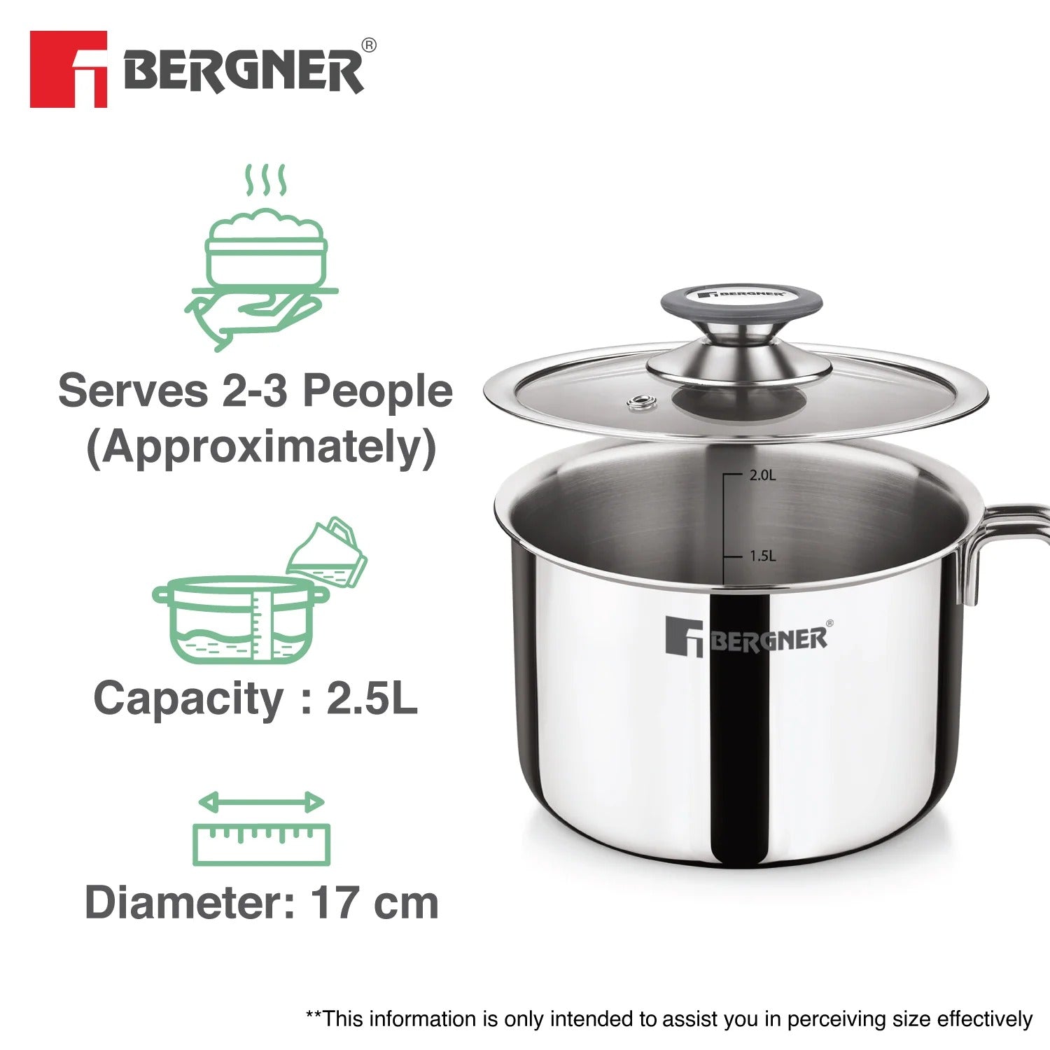 Bergner Argent Tri-Ply Stainless Steel 17cm 2.5L Milk Boiler Induction Bottom (BGD-9812)
