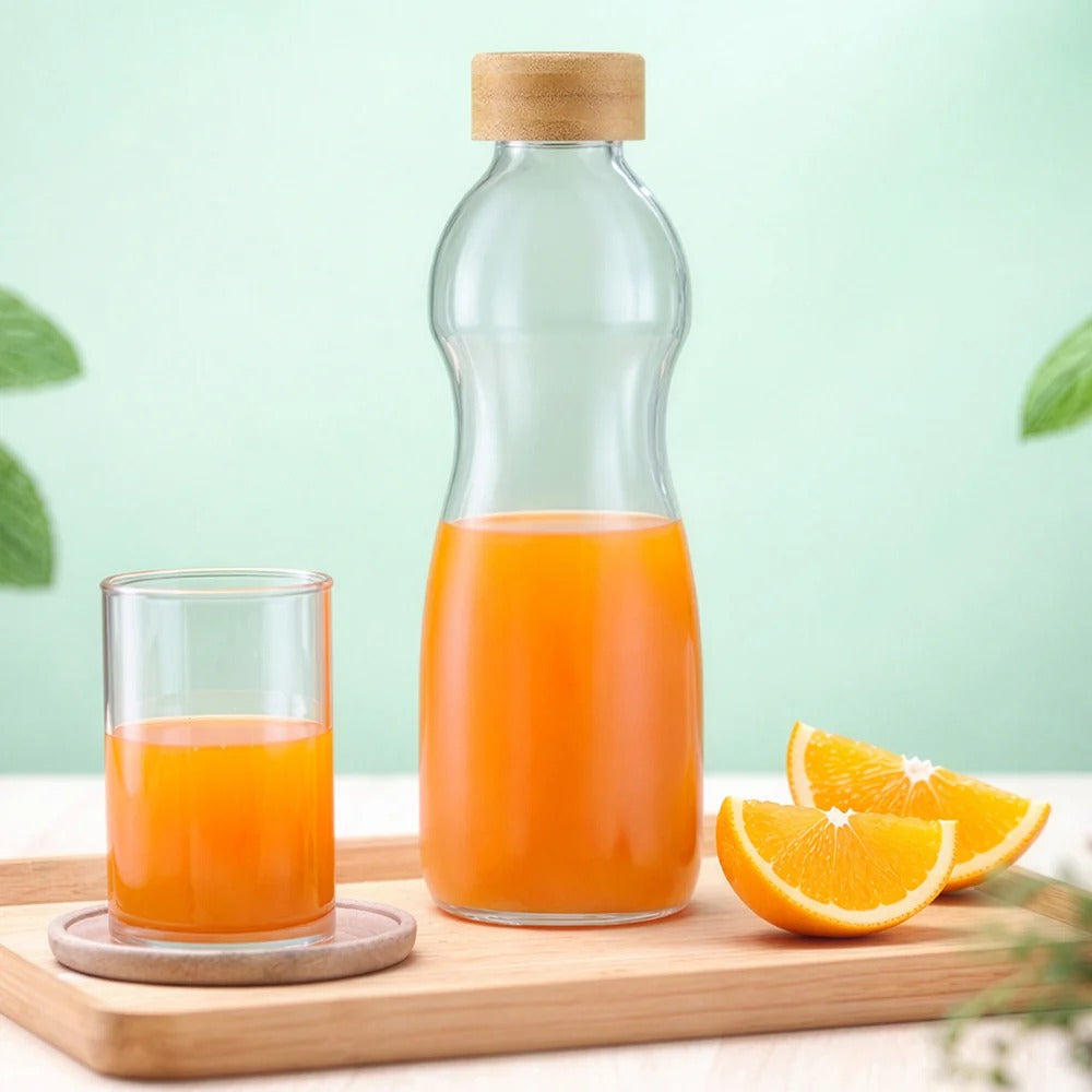 Borosil Curve Glass Bottle with Bamboo Lid 750ml