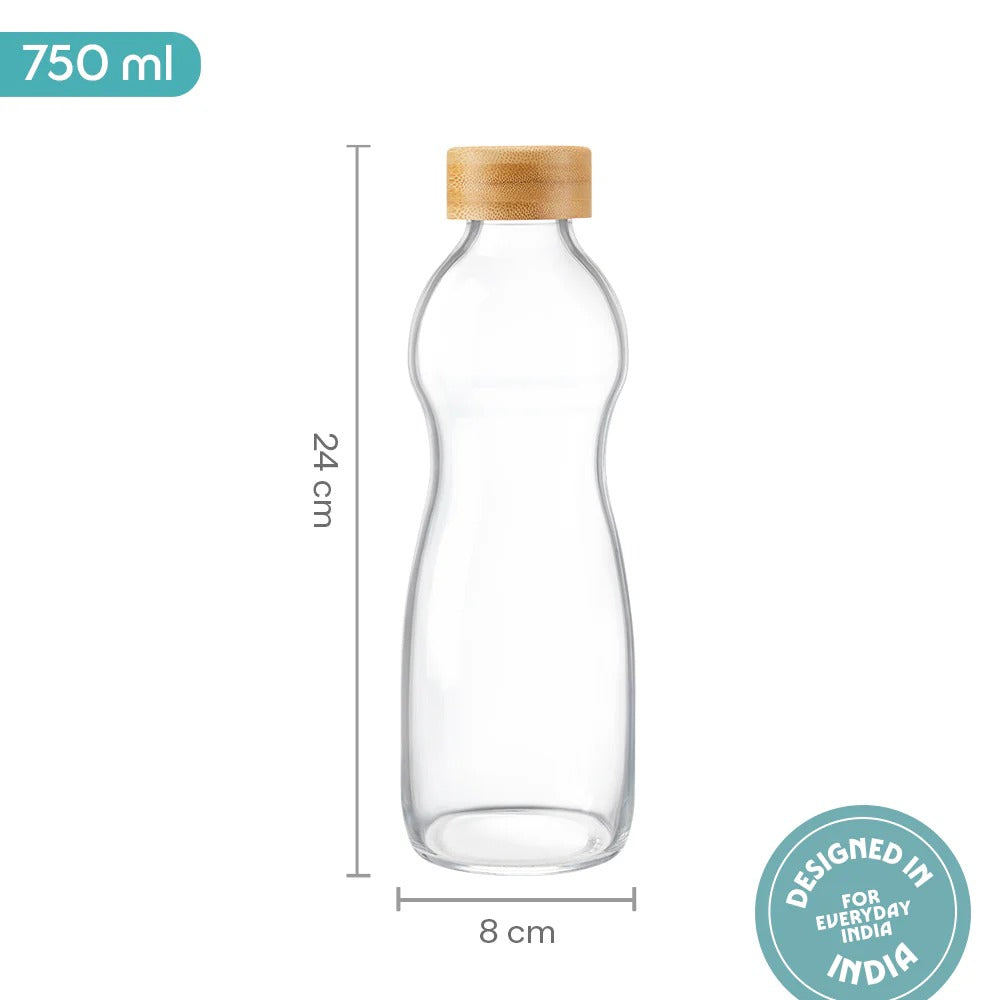 Borosil Curve Glass Bottle with Bamboo Lid 750ml