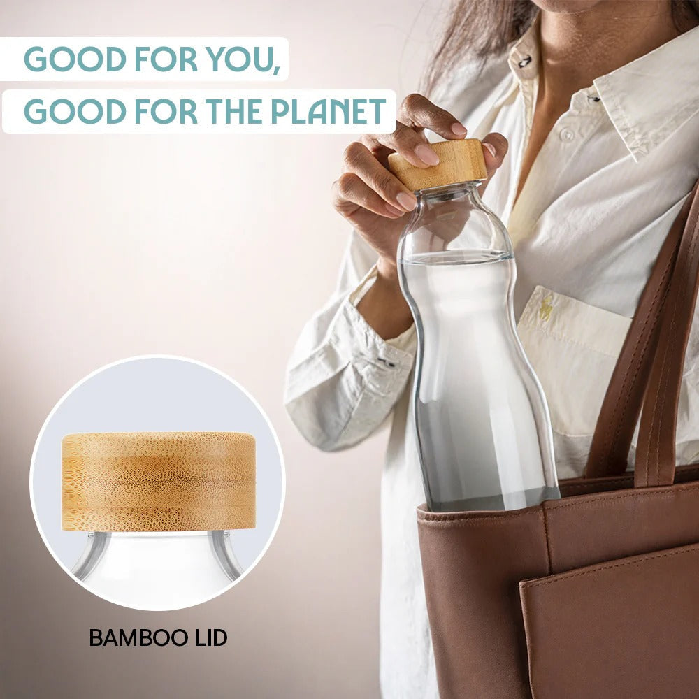 Borosil Curve Glass Bottle with Bamboo Lid 750ml