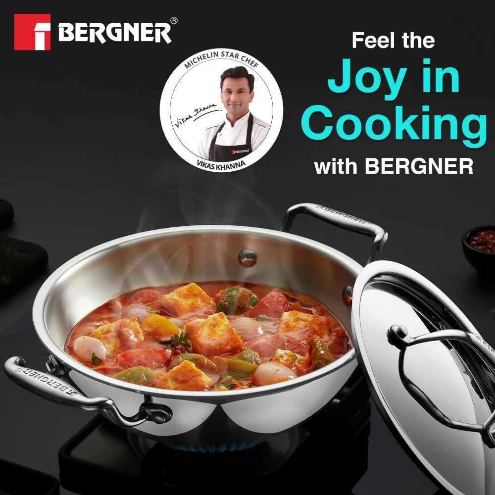 Bergner Argent Tri-Ply Deep Kadai with Lid