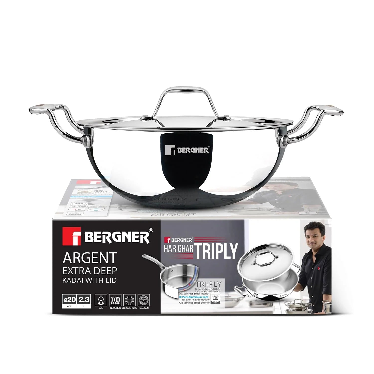 Bergner Argent Tri-Ply Deep Kadai with Lid