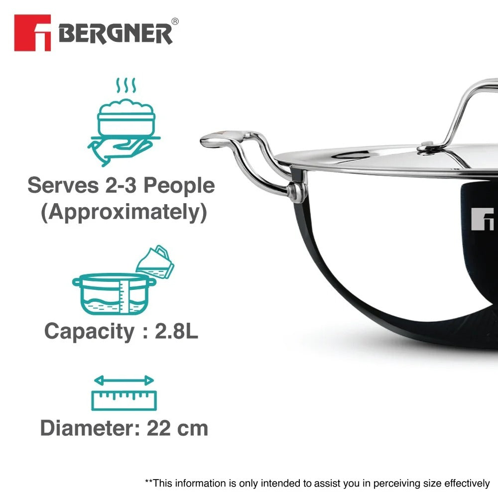Bergner Argent Tri-Ply Deep Kadai with Lid