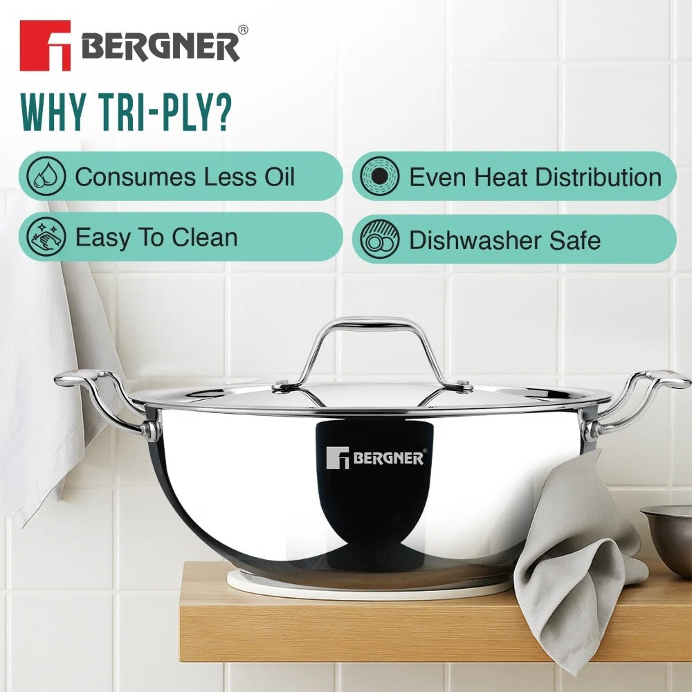 Bergner Argent Tri-Ply Deep Kadai with Lid