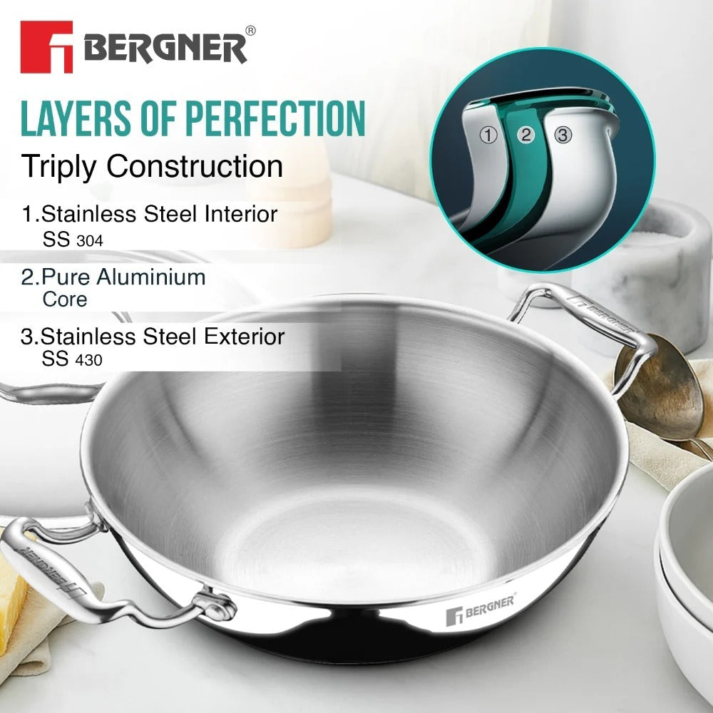 Bergner Argent Tri-Ply Deep Kadai with Lid