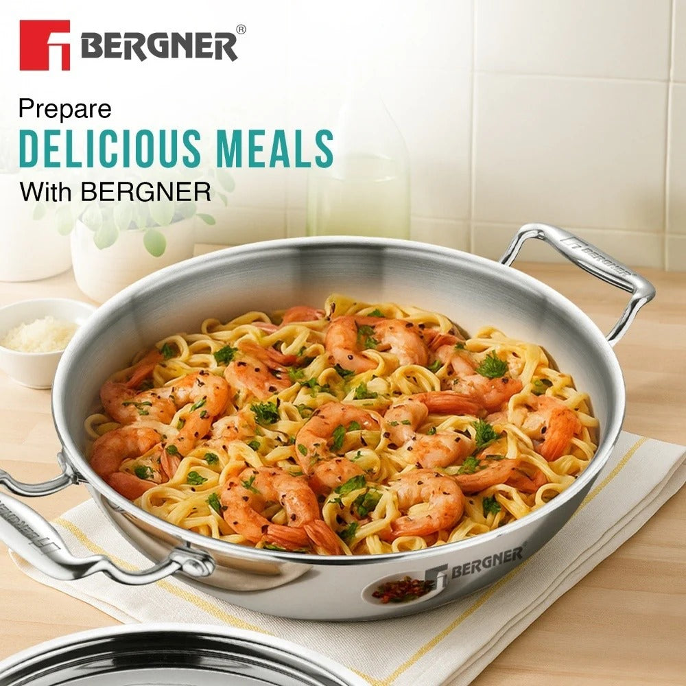 Bergner Argent Tri-Ply Deep Kadai with Lid